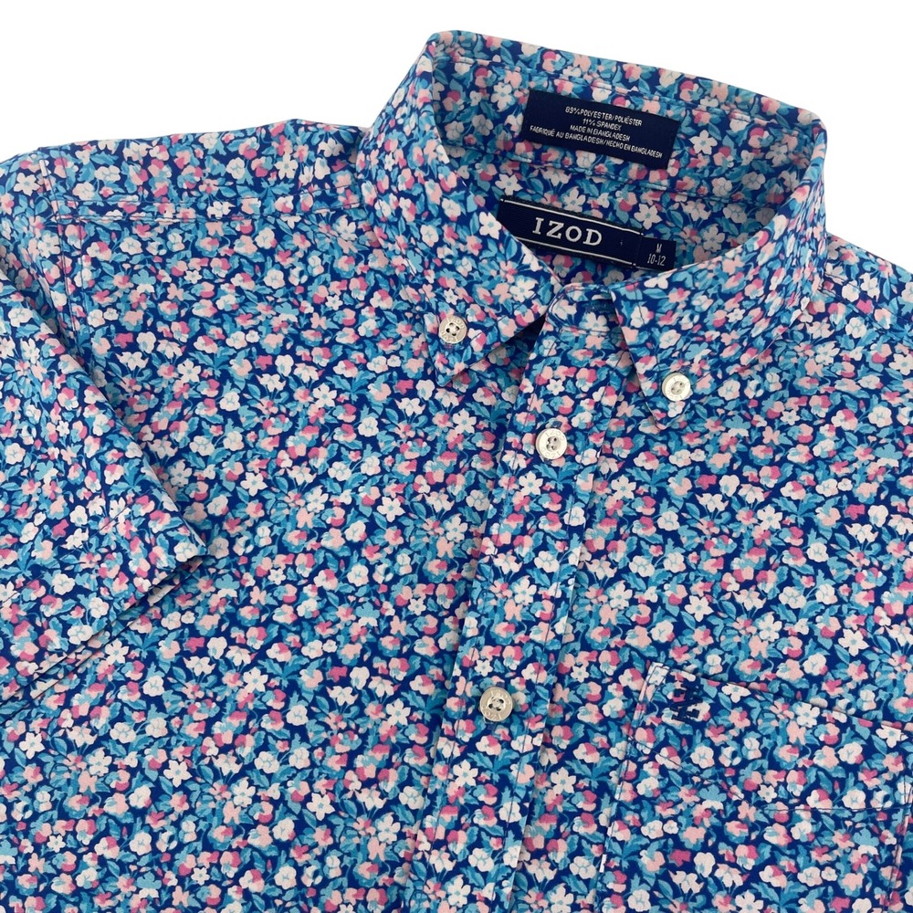 IZOD Floral Button Down Shirt Short Sleeve Casual Kid's Top Blue Pink M‎